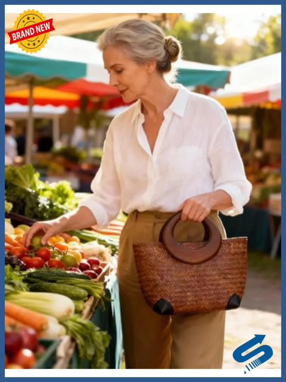 Handwoven Rattan Straw Tote Bag with Wood Handle Summer Beach Travel Bag